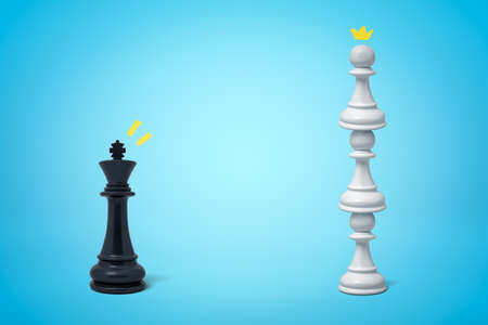 3d rendering of black chess king standing opposite three white pawns on top of one another on light blue background.の写真素材