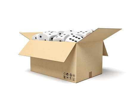 3d rendering of cardboard box full of white dice with black spots.の写真素材