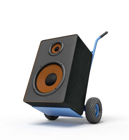 3d rendering of black audio loudspeaker on a hand truck on blue background. Sound and vision. Music and noise. Digital art.の写真素材