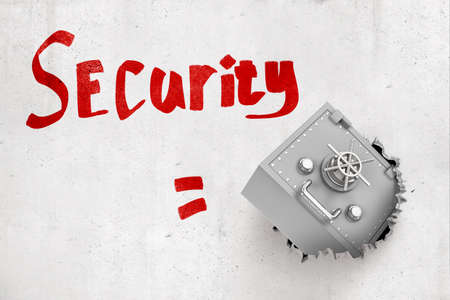 3d rendering of bank safe breaking white wall with red Security sign on white backgroundの写真素材