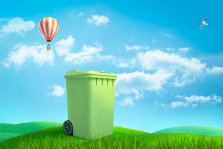 3d rendering of light green trash can standing in half turn on green meadow under blue sky with bird and hot air balloon in distance. Waste disposal. Living in healthy environment.の写真素材
