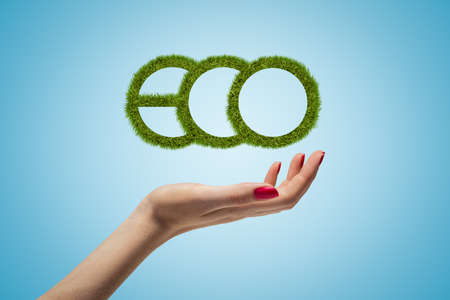Female hand with green grass 'ECO' sign above on blue background. People and objects. Digital art. Ecology and environment.の写真素材