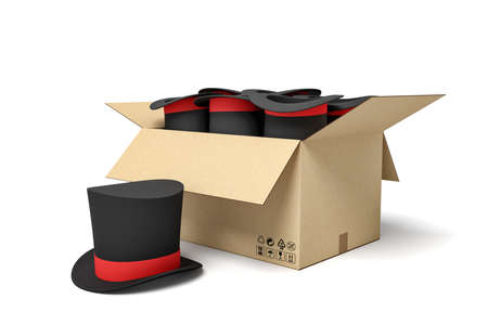 3d rendering of cardboard box full of black top hats.の写真素材