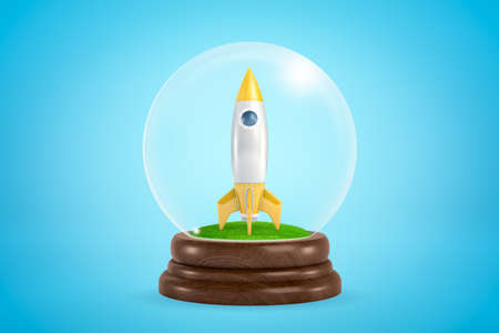 3d rendering of gray and yellow space rocket inside snow globe on light blue gradient background.の写真素材