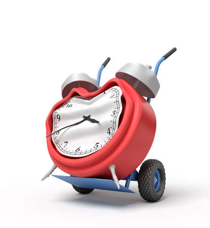 3d rendering of smashed broken alarm clock on a hand truckの写真素材