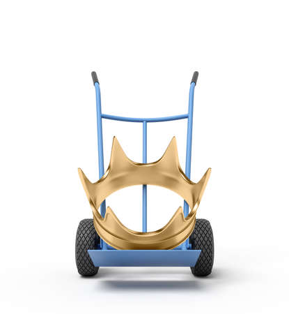3d close-up rendering of big golden crown on blue hand truck.の写真素材