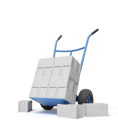 3d rendering of stack of grey hollow bricks on blue hand truck with several bricks lying on ground.の写真素材