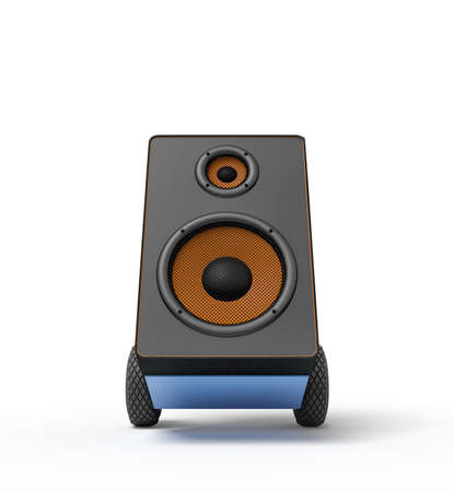 3d rendering of black audio loudspeaker on a hand truck on blue background. Sound and vision. Music and noise. Digital art.の写真素材
