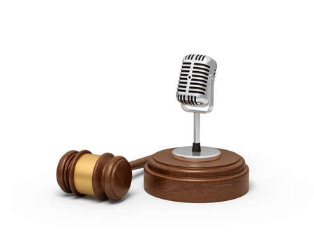 3d rendering of retro vintage microphone on round wooden block and brown wooden gavelの写真素材