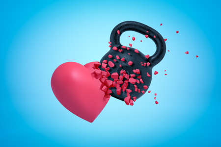 3d rendering of black kettlebell hitting and breaking pink heart on light blue background. Problems in relationship. Heavy lifting and heart health.の写真素材