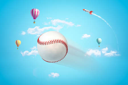 3d rendering of baseball ball with clouds and hot air balloons on blue sky backgroundの写真素材