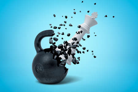 3d rendering of white chess king hitting and breaking black 24kg kettlebell on light blue gradient background.の写真素材