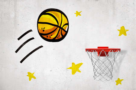 3d rendering of concrete wall with drawing of a basketball flying right into the basketball hoop on the wall.の写真素材