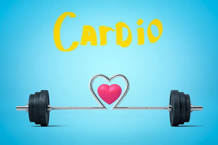 3d rendering of metal training bar-bell with heart and Cardio sign on blue backgroundの写真素材
