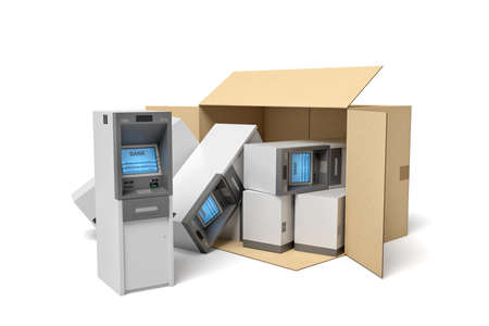 3d rendering of cardboard box lying sidelong with several ATMs inside and some outside.の写真素材