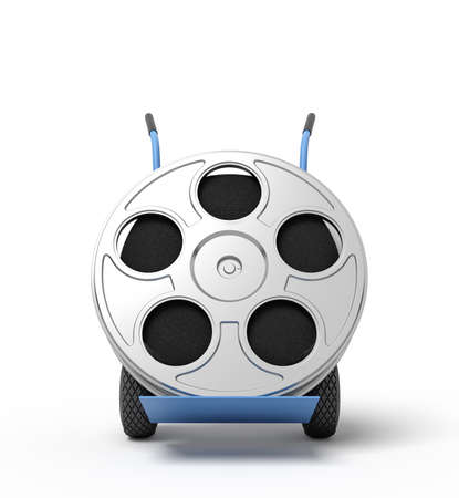 3d close-up rendering of film reel on blue hand truck.の写真素材