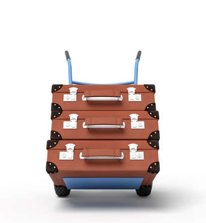 3d rendering of blue hand truck with stack of three brown suitcases on top.の写真素材