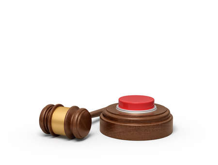 3d rendering of red button on round wooden block and brown wooden gavelの写真素材