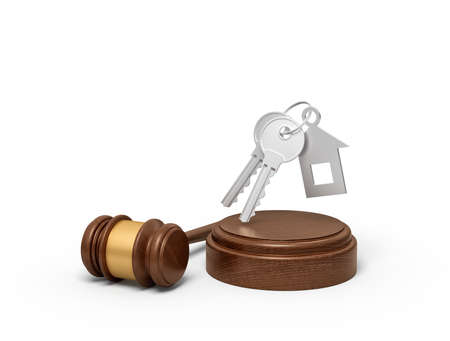 3d rendering of grey keys with house-shaped fob levitating in air above wooden sounding block with gavel beside.の写真素材