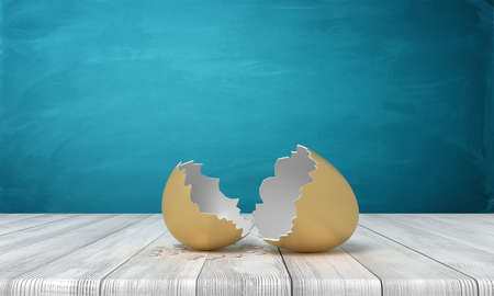 3d rendering of broken golden egg on white wooden floor and dark turquoise backgroundの写真素材