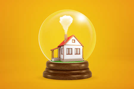 3d rendering of tiny one-storey house with smoking chimney inside glass ball globe on amber background. Real estate business. Fireside comfort. Hearth and home.の写真素材