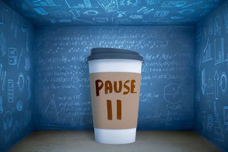 3d rendering of huge paper coffee cup with word PAUSE icon, standing in blue room with walls all covered in algebraic formulas and business-related images.の写真素材