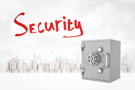 3d rendering of light gray metal money safe and title Security against background of gray and white modern city.の写真素材