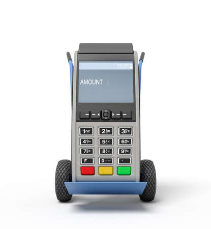 3d rendering of blue hand truck with grey point-of-sale terminal on top. Payment methods. Big shop. Shopping trip.の写真素材
