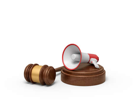 3d rendering of megaphone on round wooden block and brown wooden gavel. Digital art. Leadership and motivation. Management and influence.の写真素材