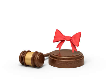 3d rendering of red bow on round wooden block and brown wooden gavel. Digital art. Objects and materials. Gifts and celebrations.の写真素材