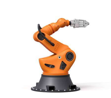 3d rendering of orange robotic arm with grey gripper standing on white background. Advanced technology. Automated industry. Industrial equipment.の写真素材