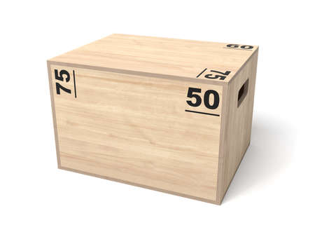 3d rendering of light brown crossfit box with black size markers and handle holes, standing on white background.の写真素材