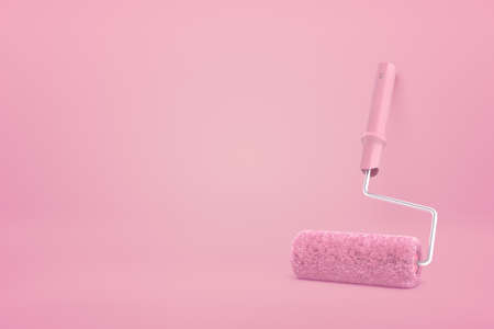 3d rendering of pink paint roller on pink background with lots of copy space.の写真素材