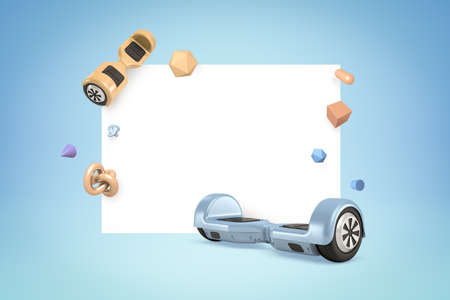 3d rendering of golden and blue hoverboards with random objects on blue white backgroundの写真素材
