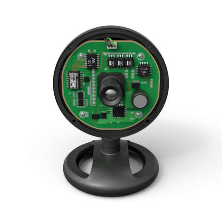 3d close-up rendering of black web camera with its front half off and insides revealed on white background.の写真素材
