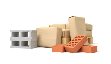 3d rendering of pile of light brown paper parcels with several cinderblocks and red perforated bricks on white background.の写真素材