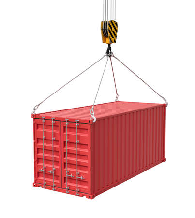 3d rendering of closed red cargo container suspended from crane, isolated on white background.の写真素材