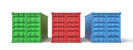 3d rendering of green, red and blue shipping containers isolated on white backgroundの写真素材
