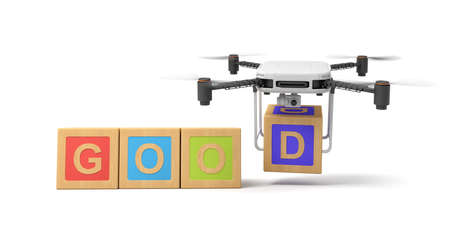 3d rendering of word GOOD written with ABC blocks, with camera drone putting final letter D at the end of word, on white background.の写真素材