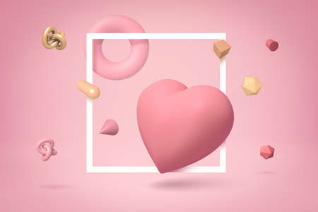 3d rendering of cute yogurt pink heart floating on light pink background highlighted with a flat white frame, with many other objects all around.の写真素材