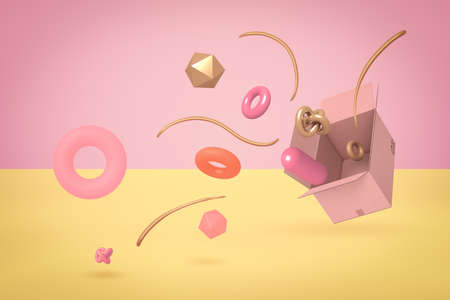 3d rendering of different colorful geometric objects flying out of cardboard box on contrast two-colored pink and yellow background.の写真素材