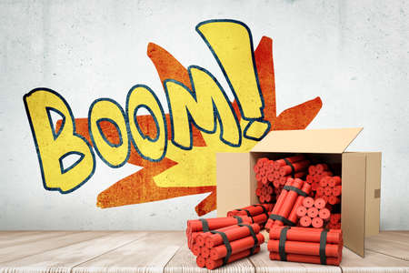 3d rendering of cardboard box lying sidelong with dynamite bundles scattered out near grungy wall with title BOOMの写真素材