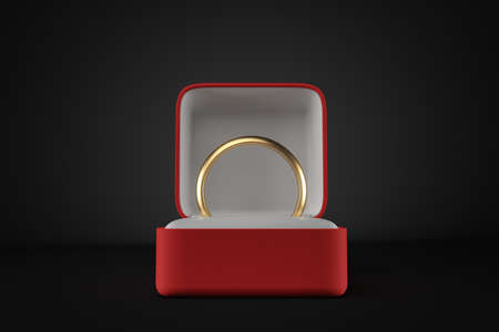 3d front close-up rendering of gold ring in open red box on black background.の写真素材