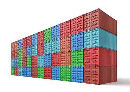 3d rendering of colorful shipping containers stocked isolated on white background