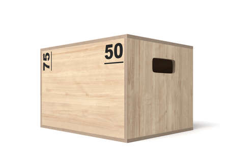3d rendering of light brown crossfit box with black size markers and handle holes, standing on white background. Sport and healthy lifestyle. Boxes and containers. Storage space.の写真素材