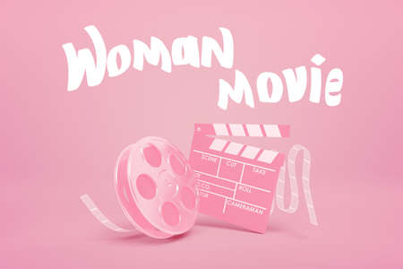 3d rendering of pink film reel and clapperboard on yogurt pink background with title Woman Movie.の写真素材