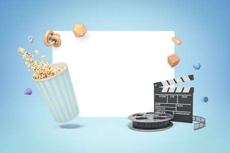 3d rendering of white copy space surrounded with geometric shapes, pop corn bucket on the left and clapperboard and film reel on the right, on light blue background.の写真素材