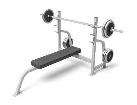 3d rendering of weight bench with metal barbell isolated on white backgroundの写真素材