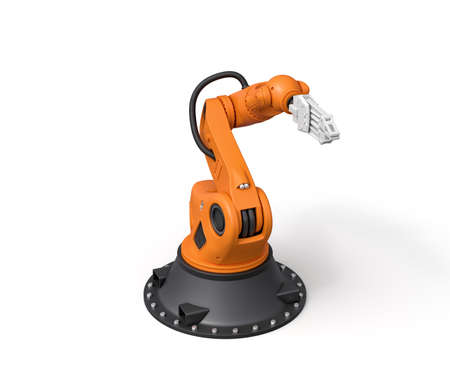 3d rendering of orange robotic arm with grey gripper standing on white background.の写真素材