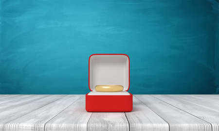 3d rendering of open red box with gold ring lying in it, on wooden table near blue wall.の写真素材